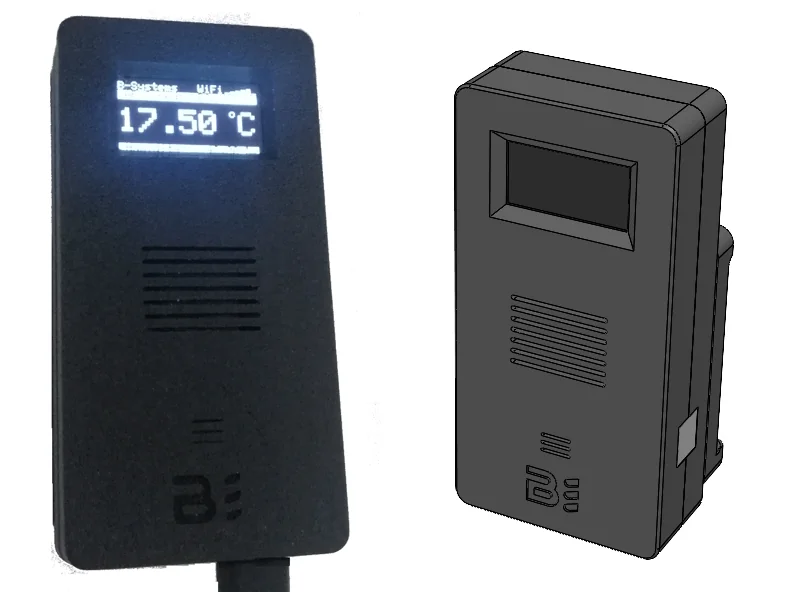 Module Polydata réel et modèle CAO — afficheur OLED indiquant 17,50 °C à côté du rendu du boîtier