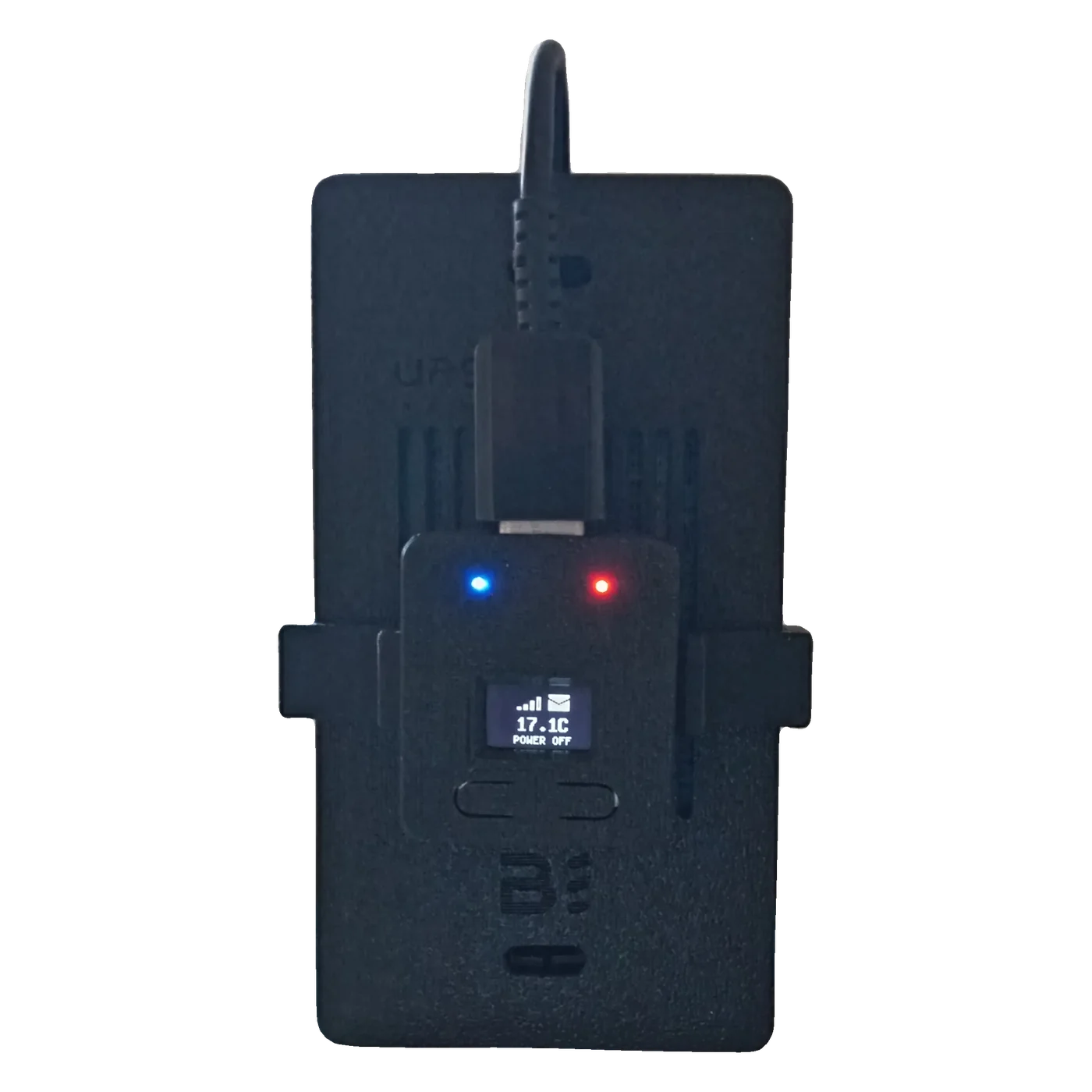 Power Monitor devant — afficheur OLED affichant 17,1 °C et POWER OFF, LEDs bleue et rouge allumées